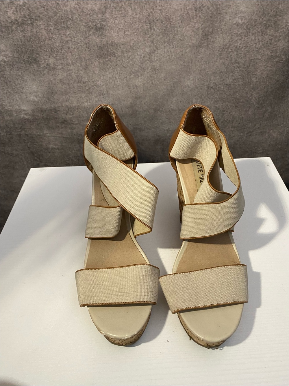 Steve Madden Elastic Strap Cork Wedge Sandals Cream Tan Platform